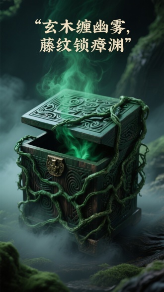 玄木宝盒，将千年玄木放入紫府真火中祭炼七七四十九天，锤炼为方盒之形，外层刻有藤蔓状墨绿藤纹，故而得名玄木宝盒。
方盒之形，通体呈墨绿色，透出古朴的木髓质感，幽雾氤氲，郁郁生香，墨绿藤纹如蔓攀附，盒口喷出一股股墨绿色的能量。
进可攻退可守，攻击时只需念动咒语，便可将巴掌高的玄木宝盒化为一座巨屋般巨大的法器，盒中可喷出墨绿色的冥冥毒雾，缠缚万物，还可将敌人吸进盒中，以毒瘴将其蚀消，增强神器的威力；当危险来临时，玄木宝盒还可作为防御法器，生出藤甲护住自身。
上方标题文案：“‘玄木缠幽雾，藤纹锁瘴渊’”