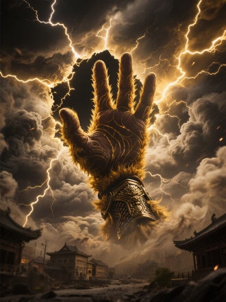 天空崩裂出巨大发光裂缝，孙悟空布满金色毛发和盔甲的巨手从裂缝中伸出，手掌纹路清晰可见，云层剧烈翻滚形成漩涡状，地面建筑在巨手阴影下显得渺小，暗黑色天空与金色光芒形成强烈对比，超现实史诗感画面，超广角低角度镜头，8K写实风格，末日降临的压迫氛围，雷电在裂缝边缘闪烁，动态模糊效果增强巨手运动轨迹