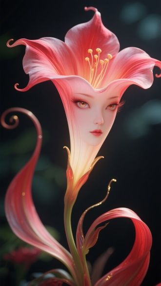 喇叭花花妖，拟人化，美艳绝伦，楚楚可人，温婉如玉，柔情似水，摇曳生姿，花瓣拉长变形后形成的脸，脸有花蕊丝，渐变弥散羽化，高超艺术设计，合情合理，花瓣上的一双媚眼有光彩，媚眼生花，喇叭花拉长变形，花瓣拉长变形后摇曳生姿
高清超现实主义超高清分辨率，
生物光，oc渲染，点金丝红晕晕染