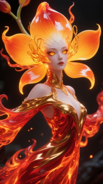 火焰兰花妖拟人化，美艳绝伦，楚楚可人，温婉如玉，柔情似水，摇曳生姿。跳跃奔放的橙黄花瓣拉长变形后形成的脸，脸有熔融金丝状花蕊丝，渐变弥散羽化，高超艺术设计，合情合理。花瓣上的一双炽热琥珀金媚眼有光彩，媚眼生花。火焰兰整体拉长变形，花瓣拉长变形后如熔岩与火焰般激烈、灵动摇曳。
高清写实风格精微细节分辨率。
材质/配色：花瓣呈现半透明熔融琉璃质感，从炽白到橙红再到深红渐变，边缘发光。拟态服饰为流动的金红液态金属光泽绸缎。
生物光，oc渲染，点熔金赤炎光晕晕染。