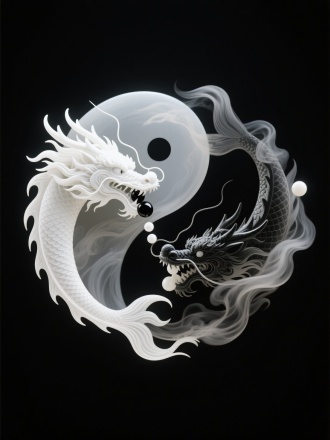 阴阳，流动烟云构成的阴阳鱼图案，左边阳鱼部分是白龙吐黑珠，右边阴鱼部分是黑龙吐白珠，图案虚化，古朴，沧桑，黑色背景纯色，自发光，多维艺术与工艺的结合