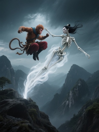 在阴森山岭中，白骨夫人下半身化成白气，在半空与孙悟空战斗，写实风