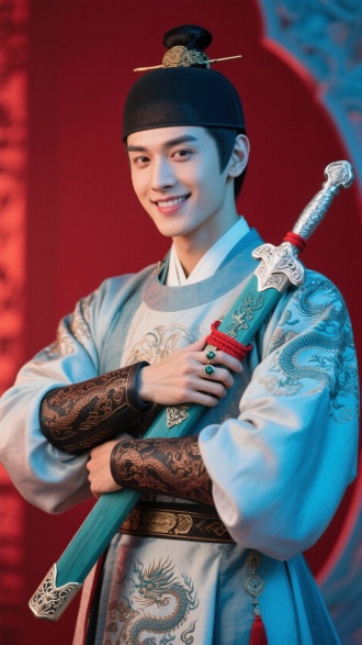 古风宋朝富贵公子哥，身着极具时尚感且充满高级感的服饰，风流倜傥，眼神清澈明动，身材健壮高大，国字脸，头发束起，整齐，宋代帽子。高清，美学，突出人物特点。 双臂怀抱一把剑鞘，剑鞘为青色木质刻有精美龙纹图案，剑柄为银色缠绕红绳，不羁的微笑，手指带戒指。 背景是红蓝氛围, 超现实，丰富细节，场景融合，大师杰作，高级感。
