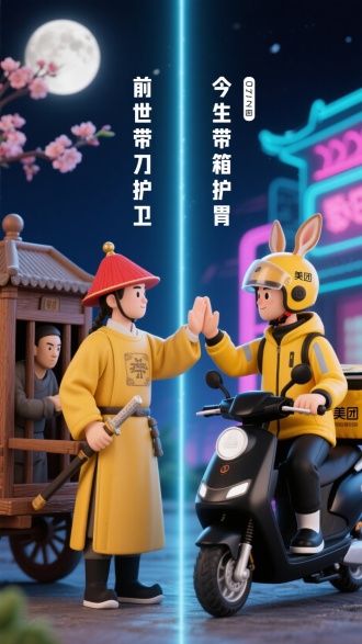 微缩景观，3D盲盒，画面一分为二，中间线条激光四射，居中构图，帅气，骑手和衙役对视，(左边是古代衙役穿着朴素押送流放囚犯，侍卫身上佩戴剑，旁边木制的犯人囚车，古代侍卫穿着黄色大褂，戴着红色清兵帽子，背景夜景月亮梅花)，(右边是现代美团外卖骑手穿着黄色的冲锋衣黑色的裤子，戴着袋鼠耳朵头盔，骑着黑色电瓶车，背景夜景霓虹灯赛博)，两个人击掌手部特写:1.2，上方中间文案“前世带刀护卫，今生带箱护胃”
