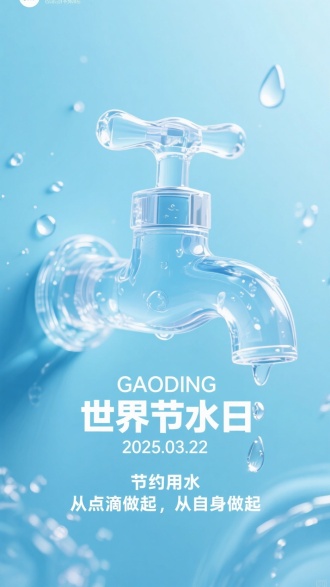 创作世界节水日主题海报，以浅蓝色为背景，融入水滴、水花元素营造水润氛围。突出由水构成的水龙头造型，清澈半透明，细节清晰，搭配文字 “GAODING 世界节水日 2025.03.22” ，底部用 “节约用水 从点滴做起，从自身做起” 传递节水理念，强化节日宣传与环保呼吁 。