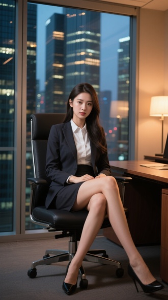 年轻貌美女孩，穿着职业西装与衬衫，搭配短裙，坐在总裁办公椅上，双腿交叠，气质高冷，眼神妩媚，背景为现代都市夜景，玻璃幕墙外可见高楼灯光，室内暖色调灯光，都市办公室环境，气场强大，职场女王风格，写实风格，高清画质，电影感光影