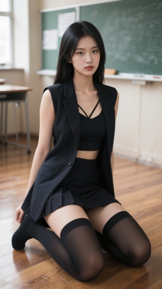 年轻貌美女孩，穿着无袖西装外套，内搭吊带上衣，搭配短裙与长筒袜，黑色或深色系服饰，跪坐在教室地板上，姿态自然带俯身动作，眼神高冷而带有妩媚，黑长直发，教室背景、木质地板，写实风格，高清4K，柔光质感，轻制服风，都市氛围