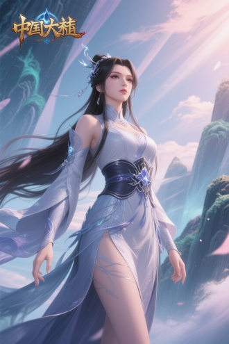 国漫斗破苍穹云韵，封面，低角度，3D渲染，对角线构图，梦幻色调，闲适，全身，正脸，魔道祖师，漫画风格