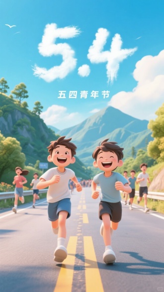 清新卡通风格五四青年节海报，主视觉一条公路上，有一群年轻人在跑步，其中两个为主角特写，笑呵呵的，背景有山，山上有树，蓝天白云，天上有云形成“5.4”的字样。8K分辨率展现细腻材质反光，柔和光影营造青春活力的氛围