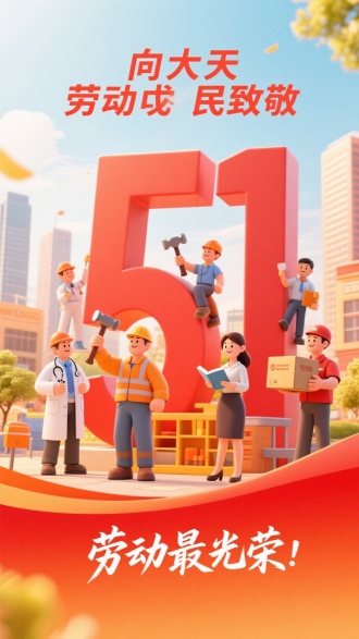 3D卡通渲染风格，打造一张劳动者海报。画面中心是一个巨大的数字“51”，数字周围是各行各业的劳动者，有带着听诊器的医生，有手拿锤子的建筑工人，有手拿书本的女老师，有手拿快递的快递员，远处是城市建筑。以红为主色调，营造充满活力与希望的氛围，展现劳动者积极奋进的多元形象。上面主标：向广大劳动人民致敬，标题突出，放大增加层次，底部有手写体“劳动最光荣”信息。底部信息呈现在一个有曲线的红橙色渐变色块上面:整体色彩以清新的红橙色系为主色调，搭配明亮的橙色、黄色等，营造出充满生机的春日氛围。