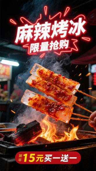 主题描述词：炙烤麻辣冰块条特写，焦脆冰壳包裹红油酱料，炭火明烤动态瞬间，夜市摊位背景；美学词：红黑色调强对比，霓虹灯牌炫光，火焰炙烤烟雾特效；专业词：暗调美食摄影风格，爆炸式构图，文字内容："麻辣烤冰 限量抢购" 顶部大标题，"15元买一送一" 底部促销条，冰火交融动态视觉特效