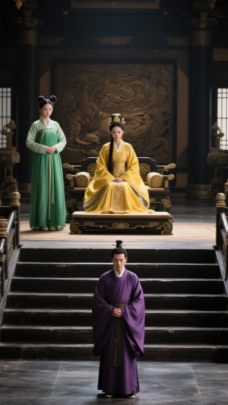 远景：一个大殿上坐着一位身穿黄色华丽汉服的头发年轻女子，左边站着一个穿着绿色汉服扎着两个丸子头的丫鬟，大殿下方站着一位穿着紫色汉服的中国古代男子微微颔首，画面呈现紧张，电影感，写实风格。