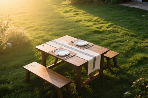 餐垫、餐桌置于草坪中心，桌旗点缀，室外全景，左俯视侧边展示，低角度，暖光，自然色彩，宁静氛围。 