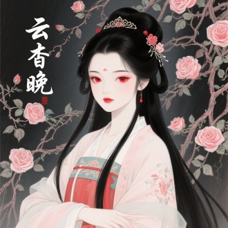 黑色的长发红色眼睛的女生，忸怩缱眷慵懒，汉服古典美人，仙气凌人，超大头像，文字"云杳晚"商业插画风格，玫瑰藤蔓背景，手绘粉笔画效果(6.0)