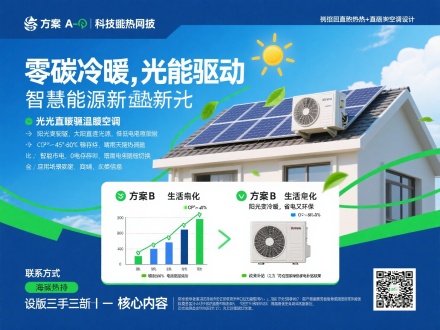 太阳能光伏直驱热泵空调设计的海报方案，结合技术亮点与视觉吸引力，分为核心内容、设计元素和排版建议三部分：

一、核心内容与文案
主标题
方案A（科技感）：
“零碳冷暖，光能驱动”
——光伏直驱热泵空调，智慧能源新纪元
方案B（生活化）：
“阳光变冷暖，省电又环保”
光伏直驱+热泵，四季如春的绿色选择
技术亮点（分点简练呈现）
☀️ 光伏直驱：太阳能直接供电，降低电网依赖
❄️ 高效热泵：COP≥4.0，-35℃~50℃稳定运行
🔋 智能市电：0电储存，阴雨天无缝切换
🌍 零碳排放：全年减少80%传统电能消耗
辅助信息
适用场景：家庭、商铺、办公楼
政策支持：标注地方补贴（如“符合国家绿色家电补贴政策”）
联系方式：二维码/热线（放置于底部）
二、视觉设计元素
主视觉
场景图：屋顶光伏板+空调外机联动，搭配阳光与绿叶动态线条
对比图表：传统空调 vs 光伏热泵的能耗/费用对比（柱状图或简笔插画）
配色方案
科技蓝绿：主色#2E86AB（光伏蓝）+ #4CAF50（节能绿），渐变背景
点缀色：金色（阳光感）+ 白色（清洁能源）
图标与装饰
使用扁平化图标：太阳、电池、温度计、房屋等
添加光晕/粒子效果突出能源流动感
三、排版结构与尺寸建议
竖版（A2/A3）
顶部20%：主标题+光伏场景图
中部60%：技术亮点（左文右图）+ 能耗对比图表
底部20%：政策标语+联系方式
横版（易拉宝/网页版）
左50%：产品实拍图+动态能源流程图
右50%：分栏列举技术参数与用户收益
四、可选创意延伸
动态海报（如需电子版）：加入光伏板闪光动画、实时节能数据计数器
