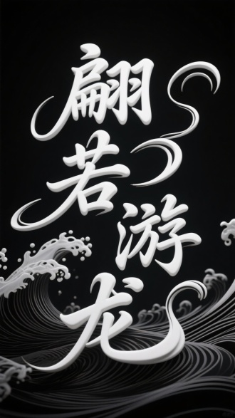 字体设计“翩若游龙”，笔画中带着舞蹈风格，现代流畅手写艺术体，字的大小相宜，结构艺术，流水般连贯，浪花，印花暗纹黑底白色3D字。