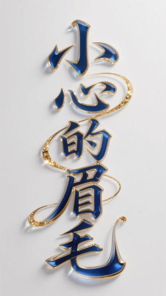 粗大的书法狂草文字“小心的眉毛”，竖排，巴洛克风格，笔画硬朗，大气磅礴，笔划透明般的描边，文字表面干净无暇，oc渲染，玻璃质感，靛金弧线，闪光，精致的金色金属饰品，精致虚拟科技感镶边，简洁的靛金瓷质感，金属流体，细腻高光，纯白色干净虚化背景，极简，科幻，玻璃质感，光感，靛金系反光光感，真实。