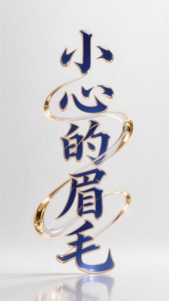 粗大流畅圆润的书法狂草文字“小心的眉毛”，竖排，洛可可风格，笔画圆润，笔划透明描边，文字表面干净无暇，oc渲染，玻璃质感，靛金弧线，闪光，精致的金色金属饰品，精致虚拟科技感镶边，简洁的瓷质感，细腻高光，纯白色干净虚化背景，极简，科幻，玻璃质感，光感，金系反光光感，真实。