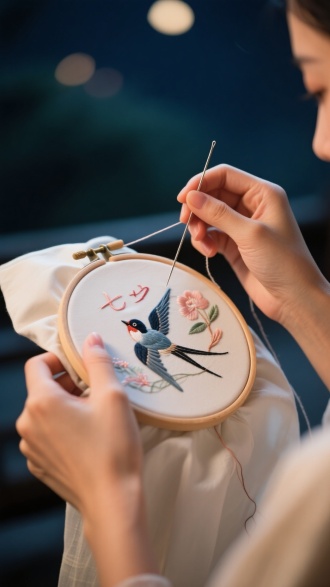 写实风格，一双女人的手，正在做刺绣，一只手拿着针，（针：1.3），针线，刺绣，特写，七夕刺绣，漂亮的绣花，喜鹊，中国风，浪漫，留白，禅意，远景是夜晚，景深，远景虚化，正常的手