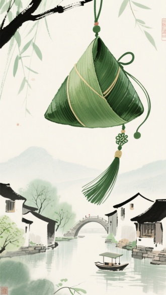 平面插画，上方构图，水墨风格，绿色色水墨粽型香包，有吊穗，背景有意境，全景构图，江南风景有意境
