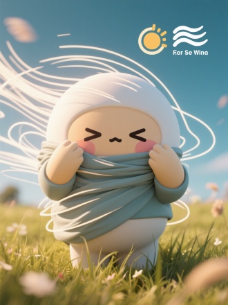 漫画萌物双手挡风睁不开眼，大风线条环绕，背景写实草地，有风icon与预报文字，三分构图，对比色，逆光，动感模糊。 