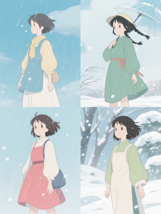 吉卜力风格四联角色设计，女子不同装扮对应雨、晴、风、雪场景，分区布局，清新色调，平光，简约元素，梦幻氛围。 