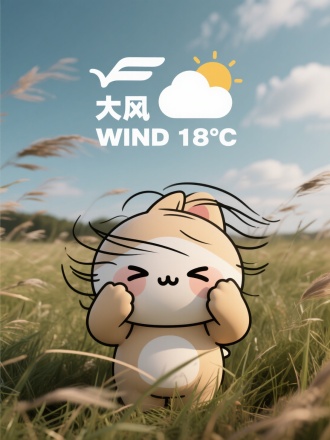 虚实结合，前面是一个漫画画风的可爱萌物，被大风吹的睁不开眼睛，以及大风的线条，双手挡风。背景是写实摄影的一片被大风刮着的草地，中间上方有风的icon，以及天气预报排版的文字“大风 WIND 18°C”