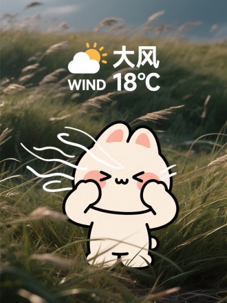 虚实结合，前面是一个漫画画风的可爱萌物，被大风吹的睁不开眼睛，以及大风的线条，双手挡风。背景是写实摄影的一片被大风刮着的草地，中间上方有风的icon，以及天气预报排版的文字“大风 WIND 18°C”