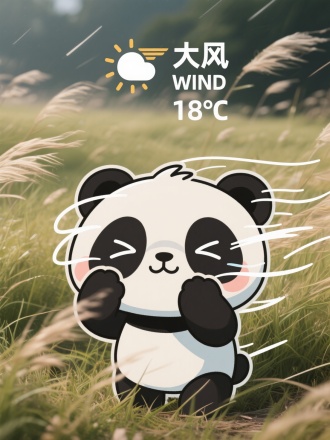 虚实结合，前面是一个漫画画风的可爱亚洲小熊猫卡通形象，被大风吹的睁不开眼睛，以及大风的线条，双手挡风。背景是写实摄影的一片被大风刮着的草地，中间上方有风的icon，以及天气预报排版的文字“大风 WIND 18°C”