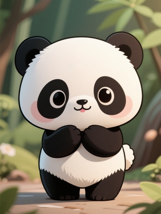 虚实结合，前面是一个漫画画风的可爱亚洲小熊猫卡通形象
