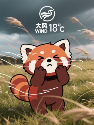 虚实结合，前面是一个漫画画风的可爱Ailurus fulgens Red Panda卡通形象，被大风吹的睁不开眼睛，以及大风的线条，双手挡风。背景是写实摄影的一片被大风刮着的草地，中间上方有风的icon，以及天气预报排版的文字“大风 WIND 18°C”