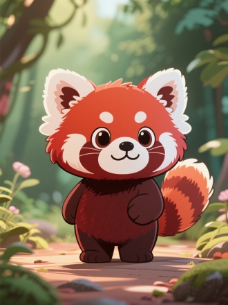 虚实结合，前面是一个漫画画风的可爱Ailurus fulgens Red Panda卡通形象