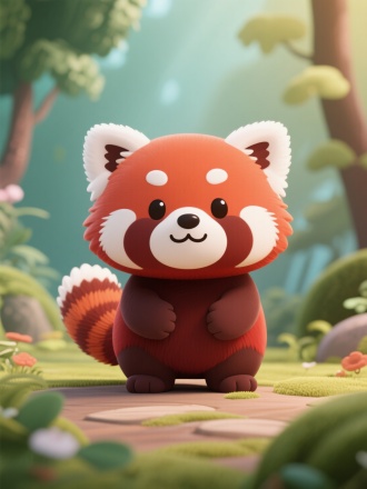 虚实结合，前面是一个漫画的可爱Ailurus fulgens Red Panda卡通形象,表情可爱