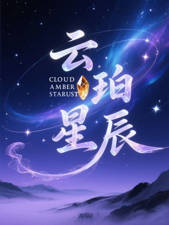 "云珀星辰"/"CLOUD AMBER STARDUST"，光韵夜影融合清逸笔迹风格，深空渐变背景（靛蓝至星紫色过渡），星云光晕粒子特效，字体采用半透明水母质感笔触叠加极光纹理，边缘透出微光星点，笔画末端如彗尾延展消散，弧形错落排布模拟星轨韵律，主字形嵌入琥珀色晶体裂纹细节，背景层叠加抽象水墨山雾肌理，整体呈现宇宙呼吸般的动态光影交织，空灵神秘中透出永恒的诗性，星空哲学意境与水墨现代美学交融，超现实缥缈感，杰作