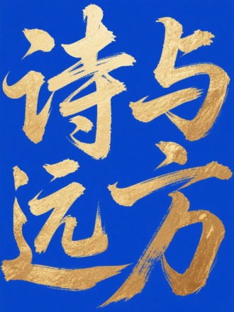 蓝底金字“诗与远方”毛笔书法字体，劲健有力，行书，笔意古朴，标题设计，富有张力 