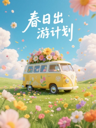 在户外，这是一个梦幻般的场景。主题是一辆停在草地上的黄色面包车，草地上开满了五颜六色的花朵。货车上装饰着精美的图案，车顶上堆着大朵鲜花。蓬松的云朵漂浮在周围的天空中，许多花朵在空中飞舞，营造出童话般浪漫欢快的氛围。，“春日出游计划” 手写体，白色字，文字在海报的上方