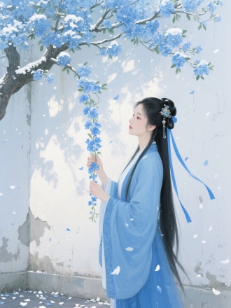这幅墙绘充满了梦幻与宁静的氛围。背景是一面略带斑驳的白墙，墙上画面中一位身着蓝色古风服饰的女子手持一串蓝花，姿态优雅。她的长发乌黑亮丽，用蓝色丝带束起，发间还点缀着精致的饰品。女子的头上是繁茂的蓝花树，花朵盛开，花瓣如雪花般洒落。阳光透过树叶在墙上投下斑驳的光影，墙下散落着花瓣，增添了画面的诗意。整体色调和谐，给人一种静谧而美好的感觉。