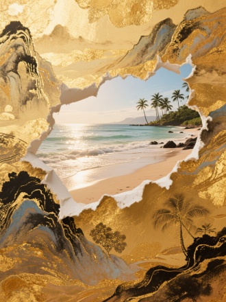 一幅超高清的特写画面：在一整副极度炫彩的金箔岩彩勾线水墨山水画背景里，有一条不规则手撕的洞，放在画面的上一半。洞里面是写实摄影风格的夏威夷海滩的风景，柔和的打光，有着淡淡的光泽。辉光，