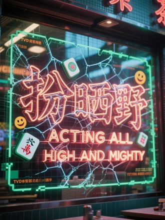 "扮晒野"/"ACTING ALL HIGH AND MIGHTY"，复古港风混搭当代meme文化，霓虹灯牌故障艺术字体，背景融合老式茶餐厅玻璃窗反光与数码像素网格，字体采用冰裂纹玻璃质感叠加电子涂鸦效果，笔画中穿插麻将牌和emoji表情符号，边缘带TVB剧集字幕残影，整体呈现市井智慧对抗虚伪做作的幽默讽刺，港式俚语视觉化呈现，杰作