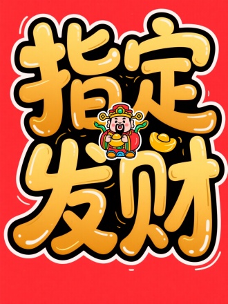 字体设计 “指定发财”要求涂鸦风格字体有特点，添加卡通风格的财神形象，有设计感，级别字体作a品，金色字体，红色背景