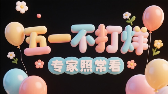 上方“五一不打烊”大字，下面小字“专家照常看”，创意气球字体设计，可爱。立体。有气球漂浮，和小花