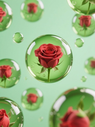 there are several green oil bubbles floating on a light green background, with red rose inside. macro photography, surrealist style, 3d rendering, 3d scene, high resolution, high detail, high quality