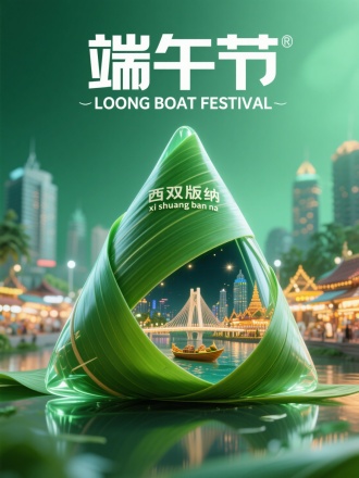 以西双版纳为主题，结合端午节元素，生成一张创意图片。画面中心是一个透明的粽子造型，粽叶为绿色，上面印有“西双版纳”和“xi shuang ban na”字样，粽叶包内部是夜色西双版纳新大桥的微缩景观，半漏出微缩景观，不要超出粽子。告庄星光夜市为背城市景观，背景是绿色调，营造出清新自然的氛围，图片上方有“端午节”“LOONG BOAT FESTIVAL”字样 。整体风格3D渲染，具有梦幻感，使用 3D 建模软件如Blender或C4D制作，材质设置上注重光泽感，打光营造出柔和氛围，超详细，高清，HDR，电影般的构图，强调梦幻和未来感的美学，真实的纹理和光线增强了城市景观的真实性。
