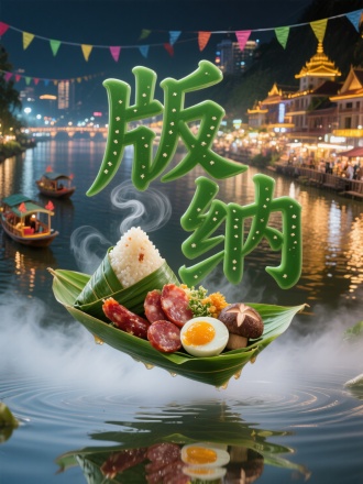 实景拍摄风格的 “版纳” 立体悬空草绿色字体，采用思普式裹蒸粽的熟粽叶、油润糯米、腊肠、花菇、咸蛋黄为素材，背景为西双版纳澜沧江江边夜景，璀璨的江边建筑群灯火通明，江面上飘着装饰端午彩旗的游船，烘托节日氛围。粽叶卷曲成天星小轮弧线勾勒轮廓，裹着腊肠油脂的糯米晶莹发亮，腊肠切片油润泛红、深褐花菇与流油咸蛋黄紧密嵌于笔画转折处。几缕热气从食材缝隙袅袅升起，与江边夜市中的薄雾交融，底部虚化的倒影随波浪轻晃，食材严丝合缝贴合字形，重现西双版纳粽的醇厚鲜香与都市节日的繁华烟火。