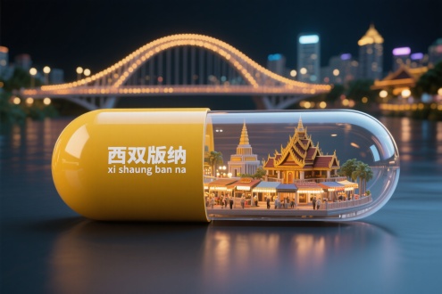 一个胶囊形状的创意微缩场景，胶囊横放着，胶囊一半为金黄色，印有 白色的字“西双版纳” 和英文 “xi shaung ban na”，另一半透明，展示西双版纳真实的特色建筑缩影西双版纳澜沧江大桥和告庄星光夜市，要包含在胶囊里面，不要超出，背景为夜景，整体风格3D渲染，具有梦幻感，使用 3D 建模软件如Blender或C4D制作，材质设置上注重光泽感，打光营造出柔和氛围，超详细，高清，HDR，电影般的构图，强调梦幻和未来感的美学，真实的纹理和光线增强了城市景观的真实性。