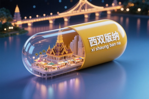一个胶囊形状的创意微缩场景，胶囊横放着，胶囊一半为金黄色，印有 白色的字“西双版纳” 和英文 “xi shaung ban na”，另一半透明，展示西双版纳真实的特色建筑缩影西双版纳澜沧江大桥和告庄星光夜市，要包含在胶囊里面，不要超出，背景为夜景，整体风格3D渲染，具有梦幻感，使用 3D 建模软件如Blender或C4D制作，材质设置上注重光泽感，打光营造出柔和氛围，超详细，高清，HDR，电影般的构图，强调梦幻和未来感的美学，真实的纹理和光线增强了城市景观的真实性。