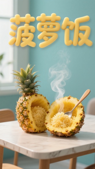 菠萝饭创意海报，"菠萝饭”立体卡通字体，字体由菠萝制作而成，桌子上摆放一个横切开的菠萝，一边为掏空盖子，半打开，里面装有金黄色饭，冒热气，勺子放菠萝里，干净室内背景，明亮，特写摄影