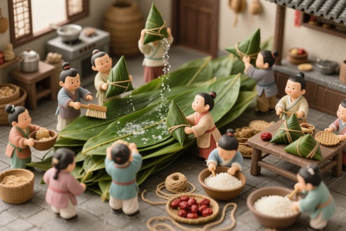 古风微缩场景，身着传统服饰的小人儿们在厨房准备包粽子的材料，一片巨大的粽叶有很多小孩清晰，有的小孩们托举粽叶，有的小孩们拿刷子刷粽叶，有的小孩们端着盆往粽叶上泼水，还有的小孩们在淘洗糯米，有的小孩在清洗红枣，有的小孩们准备细长的麻绳等动作，非常热闹的忙碌着的景象