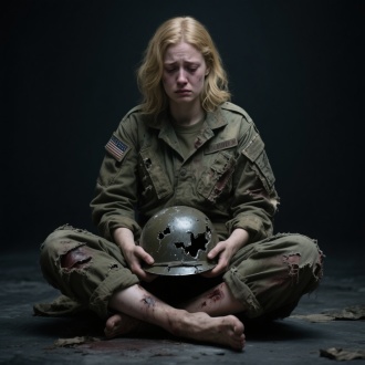 美国女军人，身穿旧军装，军装很多地方破烂，有伤，像刚从战场下来。裤腿挽起，光脚盘坐，披着金色头发，双手拿着一只 破旧的军用钢盔注视，表情悲伤，深色背景，正面对画面，对称构图，特写，冷光，超现实风格。
