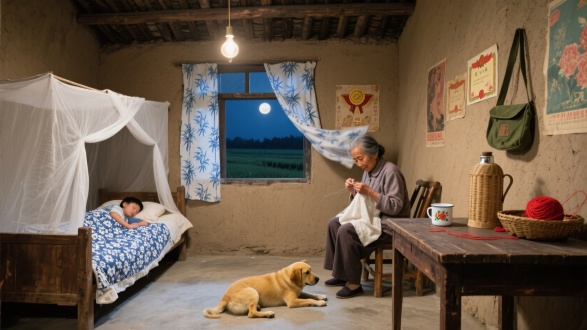 乡村室内场景，土坯墙壁，木质屋顶，老旧的灯泡悬挂房间中，。左侧木床，床上有白色蚊帐，小孩盖着蓝白花纹被子熟睡。右侧木桌，桌上有竹编水壶、带花卉图案的白色茶杯、篮子、红色线团等，一位老奶奶坐在木椅上，正在做针线活。窗户挂着蓝白竹叶图案窗帘，窗帘随风飘动，窗外是夜晚田野和明月。墙上贴着老旧的复古海报、旧奖状，挂着老旧绿色挎包。地面是水泥地，一只黄色土狗趴在地上。复古写实风格，全景景别。